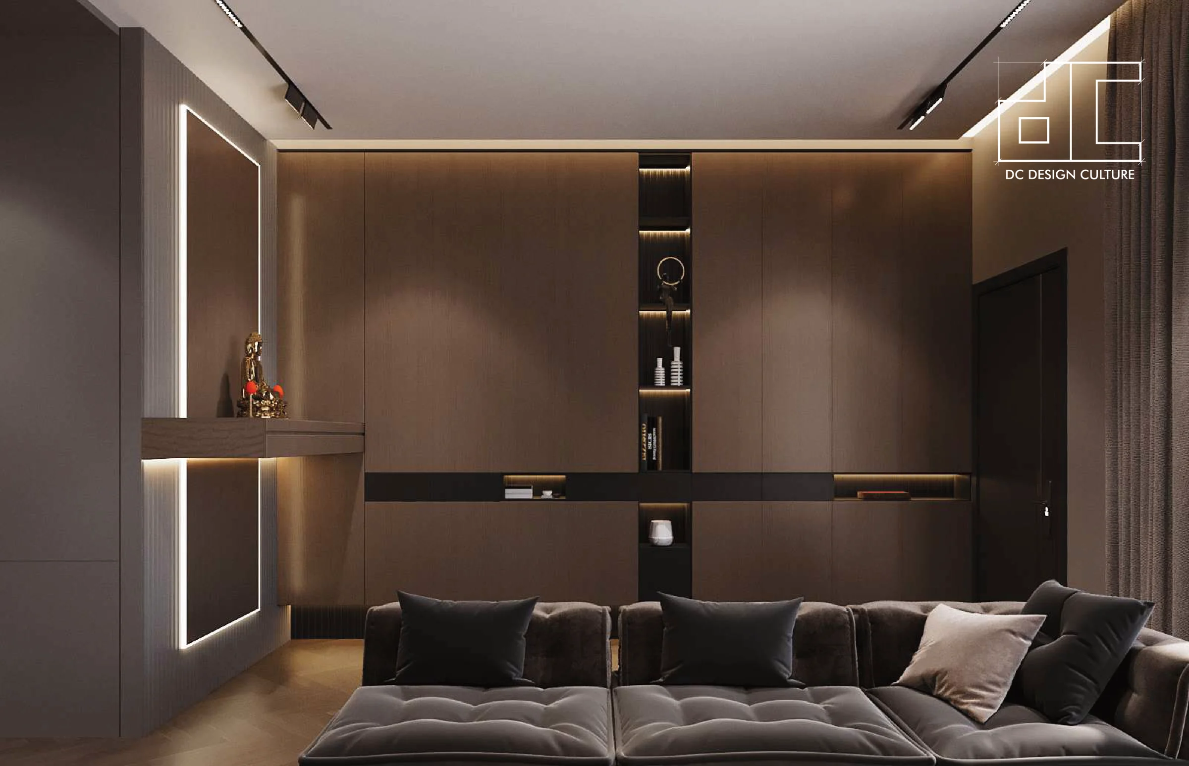 Aurora Sentral — living room display wall and sectional seating