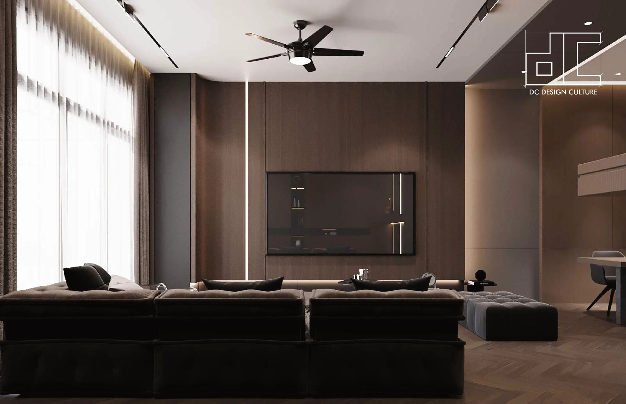 Aurora Sentral — living room media wall and window