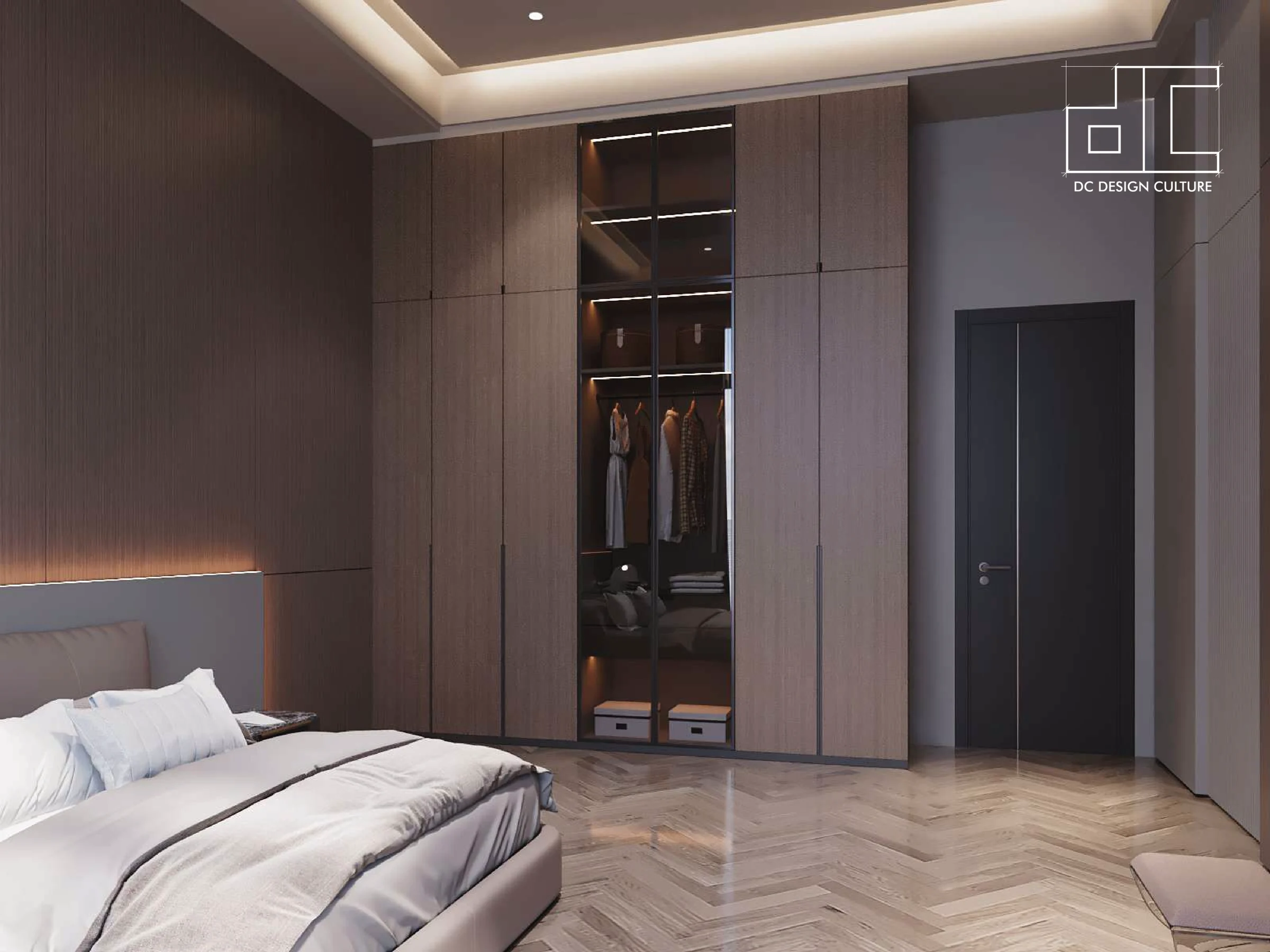 Aurora Sentral — primary bedroom wardrobe and display cabinetry